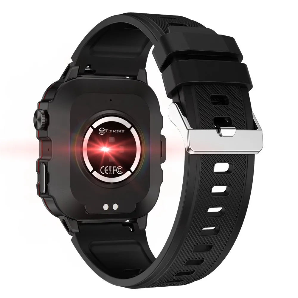 QX11 smartwatch with black zinc alloy case and TFT touch screen displaying heart rate data.