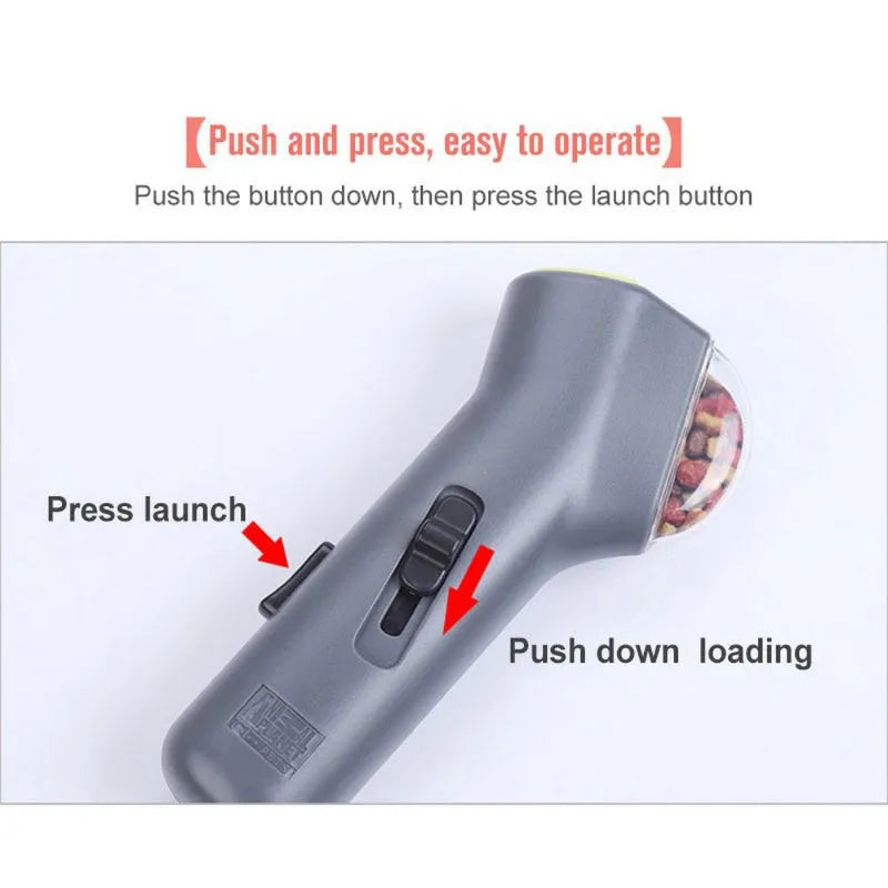 Grey plastic pet snack launcher toy measuring 18cm long for dog and cat treat dispensing.