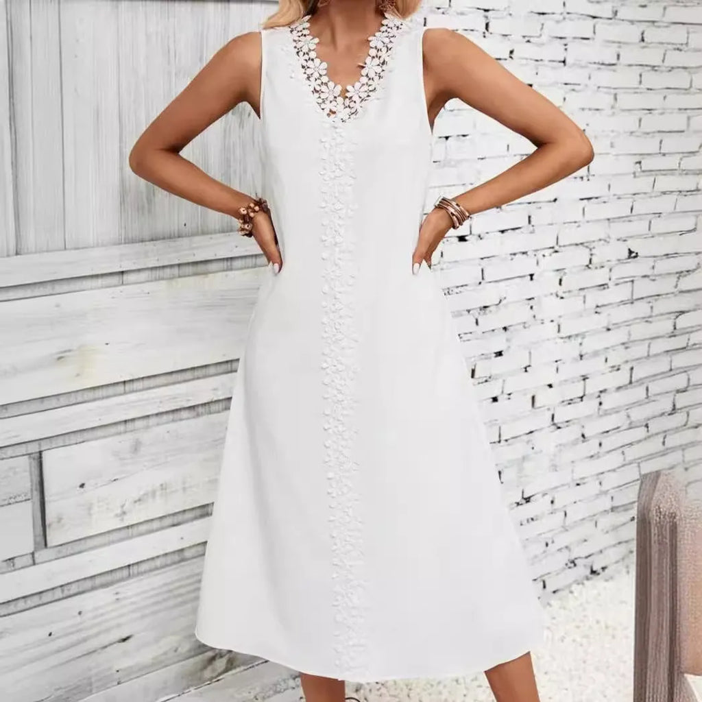 Women's sleeveless lace patchwork dress with crocheted flowers, A-line skirt, white colour