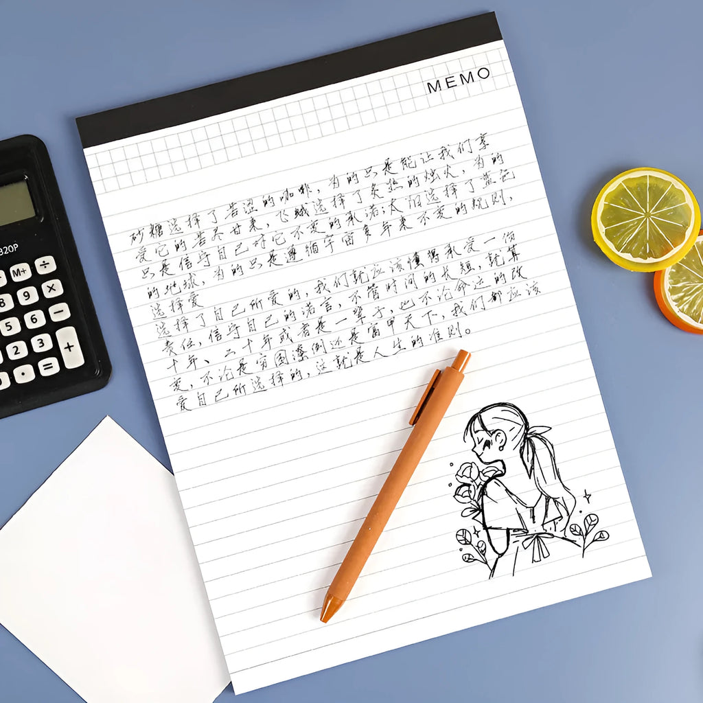 A4 tear-off meeting minutes notebook with wireless adhesive binding showing ivory white grid pages