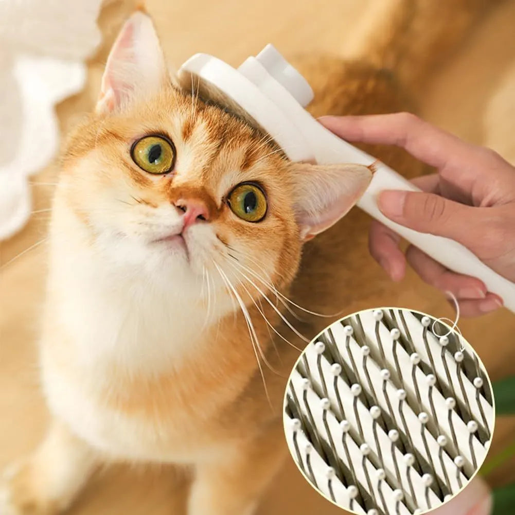 Blue self-cleaning cat grooming brush with rubber-tipped needles and a non-slip handle.