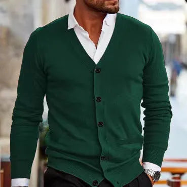 Men's slim-fit acrylic cardigan sweater in dark grey colour on a hanger