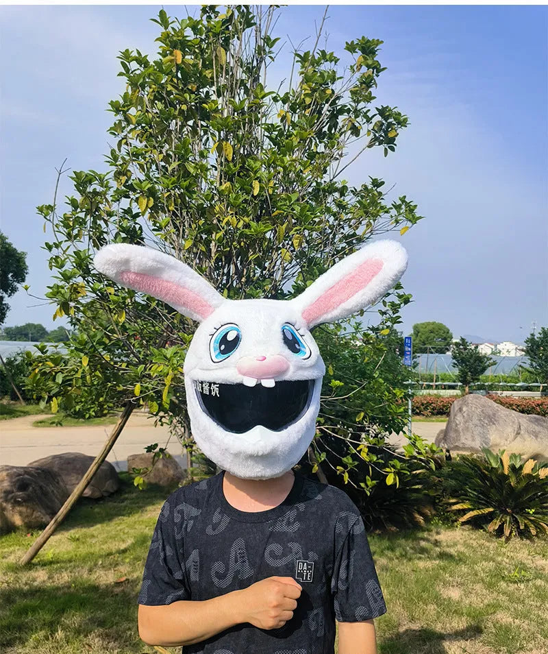 White plush rabbit head helmet cover for electric motorcycle with long ears and needle plush detailing