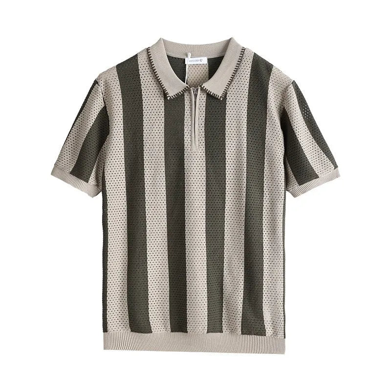 Man wearing a black and white striped short sleeve viscose sweater with silver zipper decorations on the chest.
