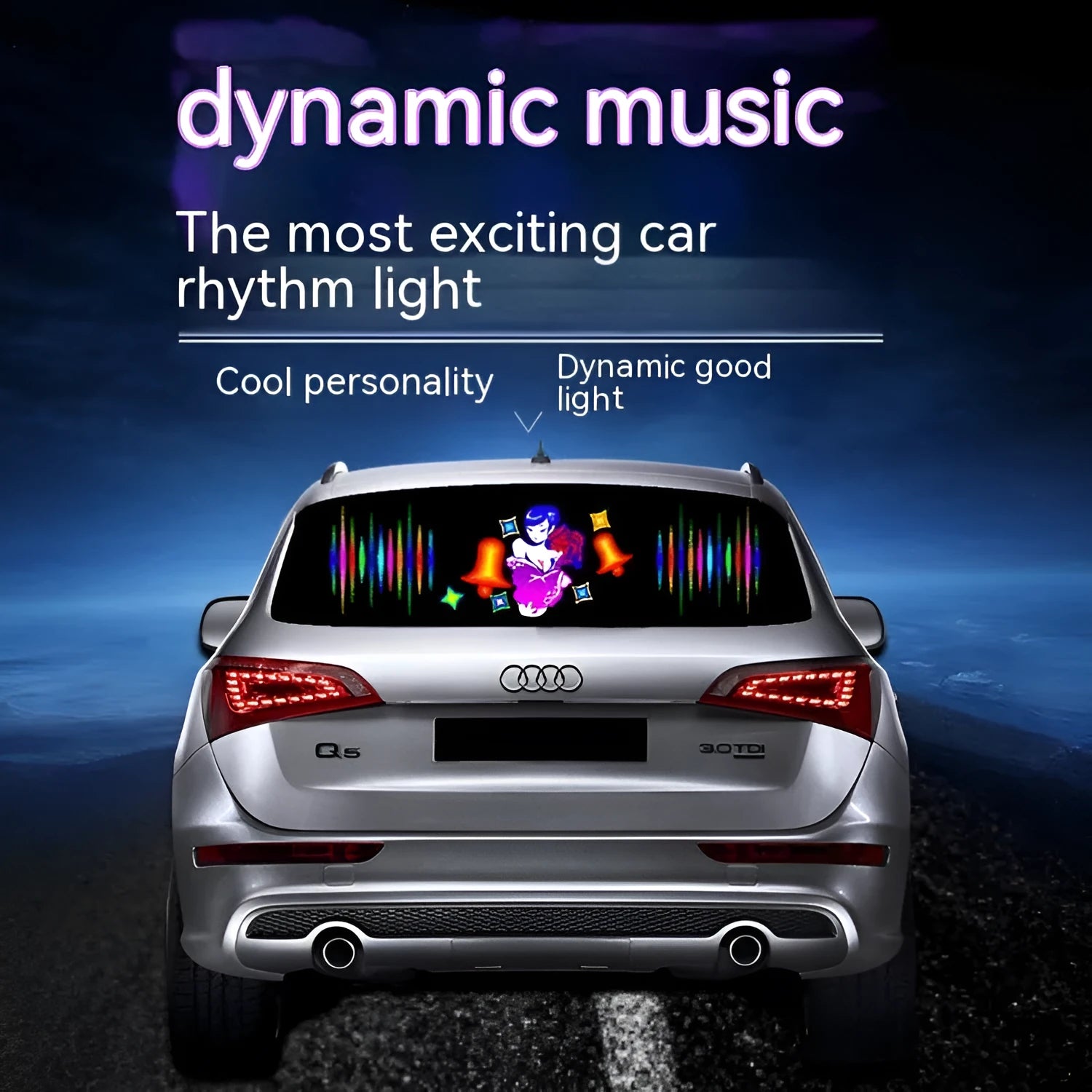90 by 25 cm car voice control music rhythm lamp with electroluminescent panel lit up on a dashboard.