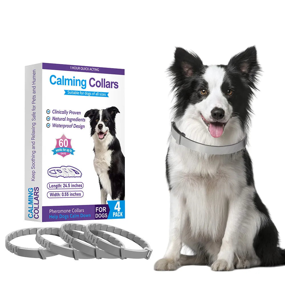 Four dog anxiety relief collars in assorted colours with adjustable 62cm length and TPR material