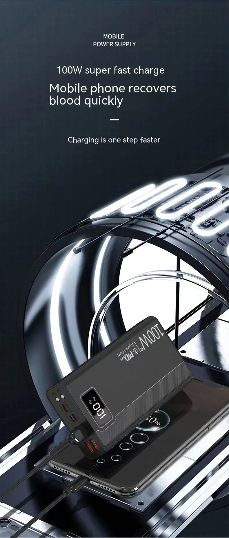 Black and white large capacity power bank with fast charging support measuring 150mm x 76mm