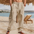 Men's linen striped high waist wide leg pants in light khaki colour, loose fit, button fly