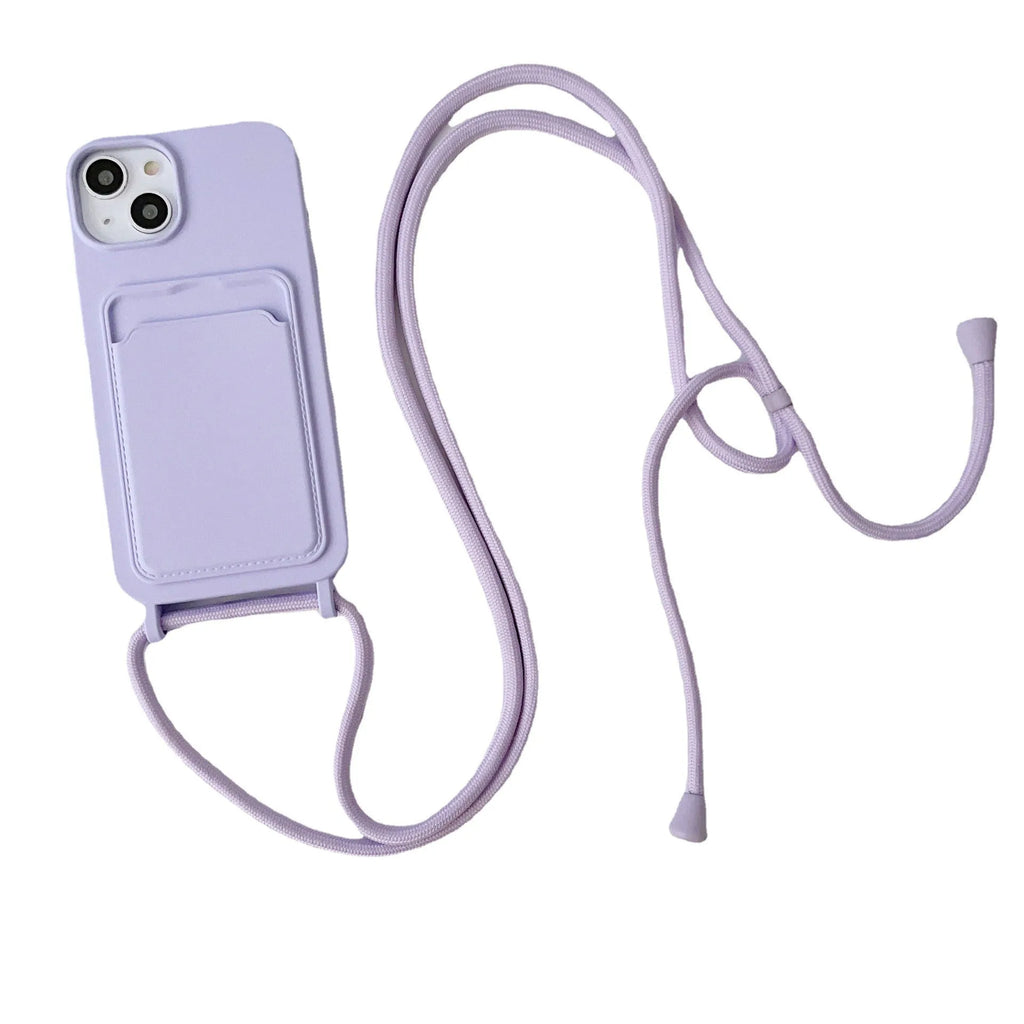 Cross body lanyard TPU phone case with card holder for Apple iPhone models, available in antique white, gray, and light pink