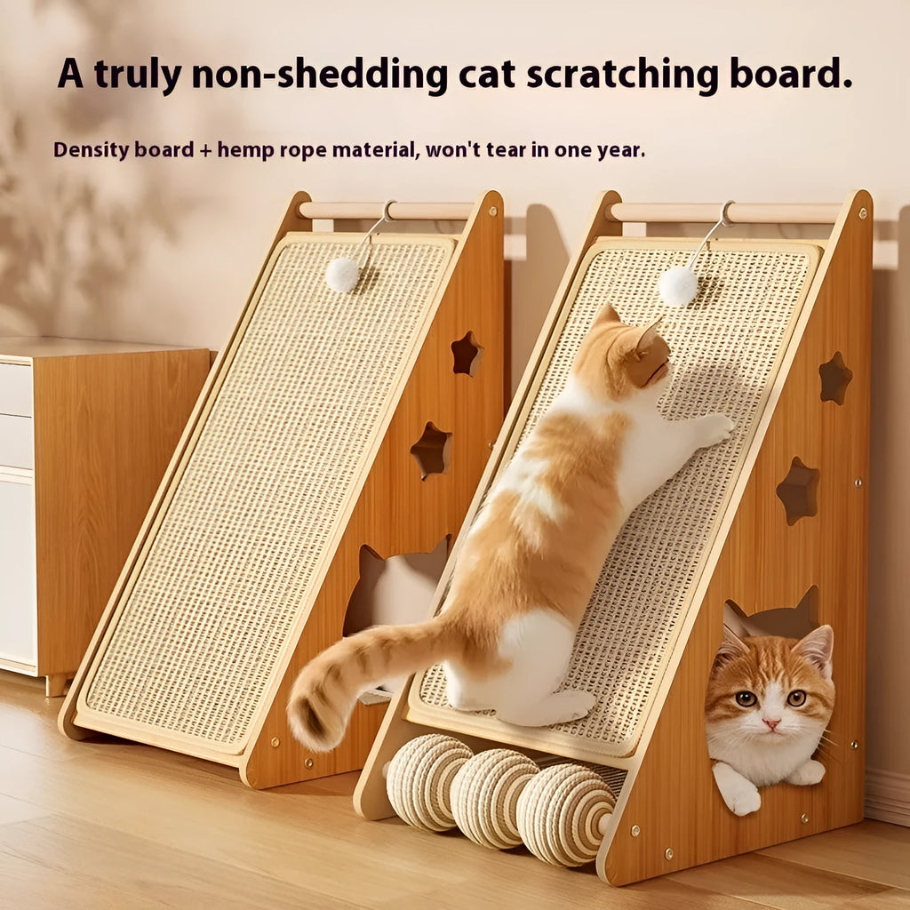 Vertical wall-mounted cat scratching board with sisal rope and hemp wrapping with amusing ball design