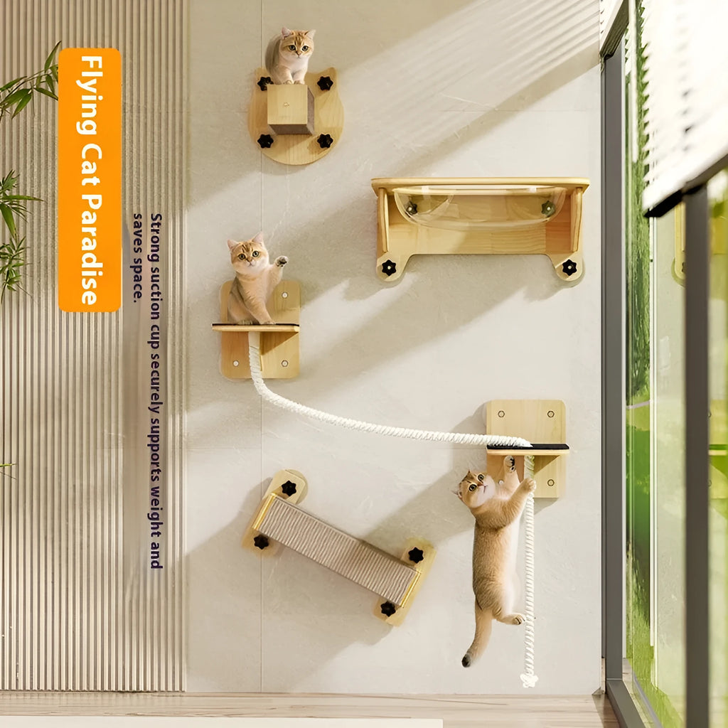 Space capsule suspended cat scratching post with sisal surface attached to window using suction cups