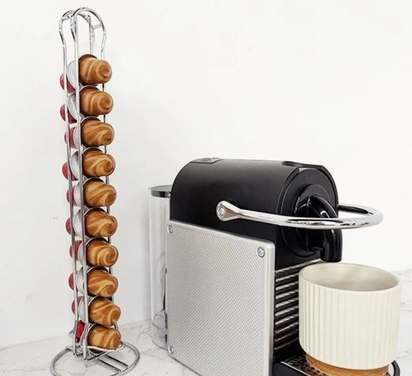 Wrought iron coffee capsule storage rack holding 20 pods in modern simple style