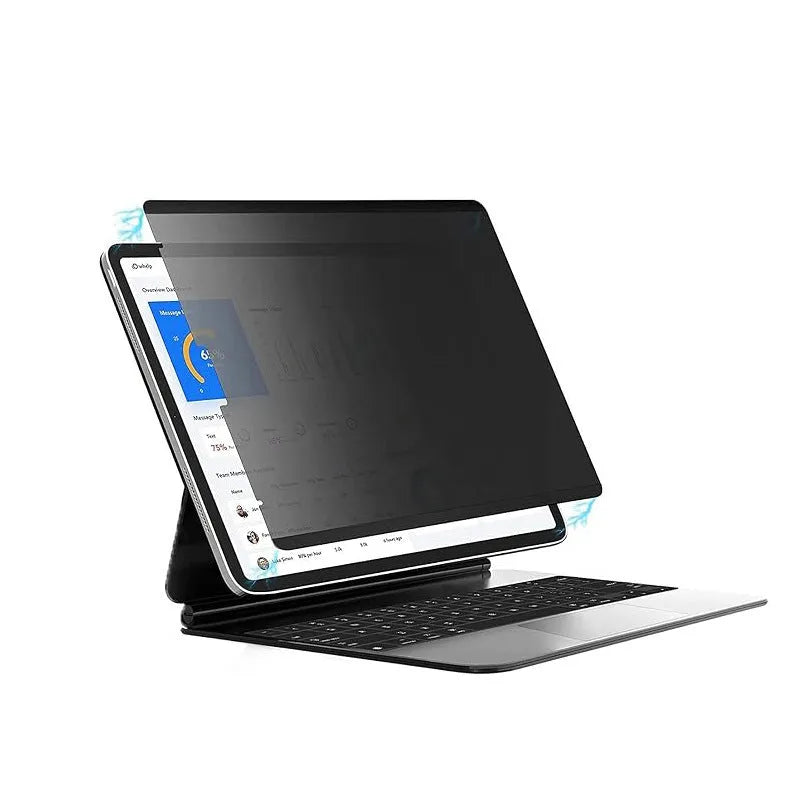 Magnetic iPad privacy screen protector with storage clip shown next to iPad tablet