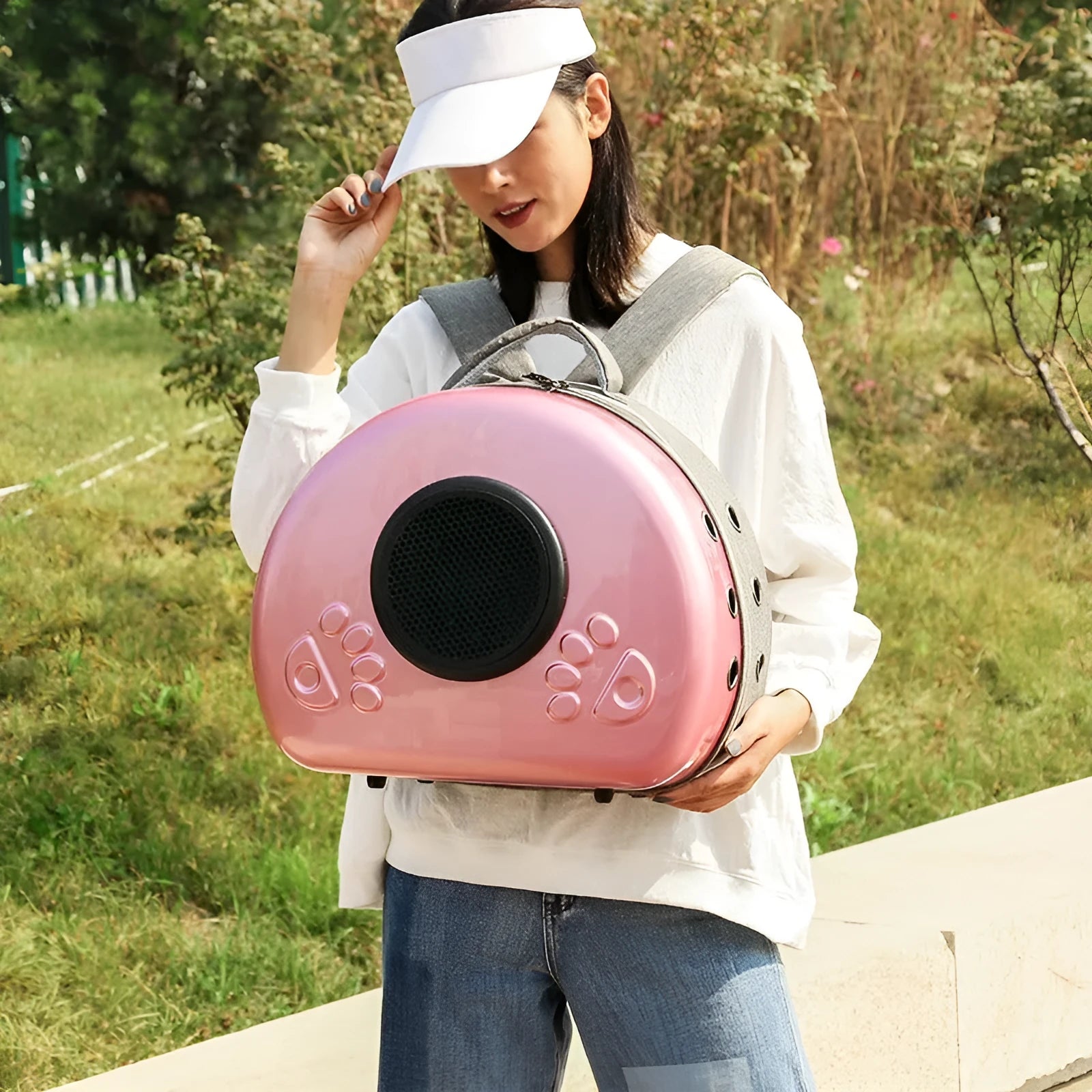 Transparent space capsule style cat carrier bag in PC canvas with Rose Gold front cover.