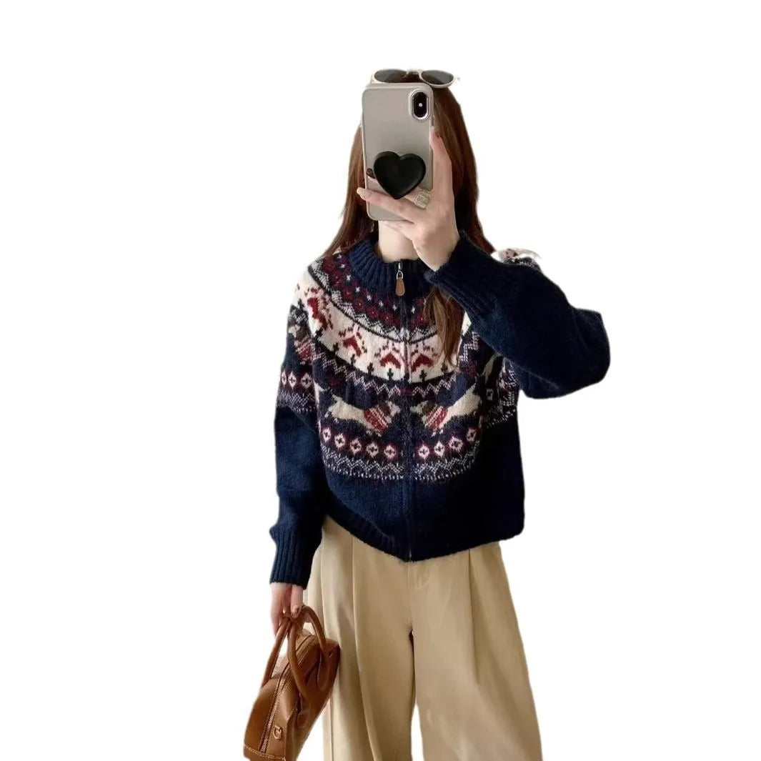Ethnic style apricot and navy blue polyester jacquard pullover sweater with 3D pattern and loose fit