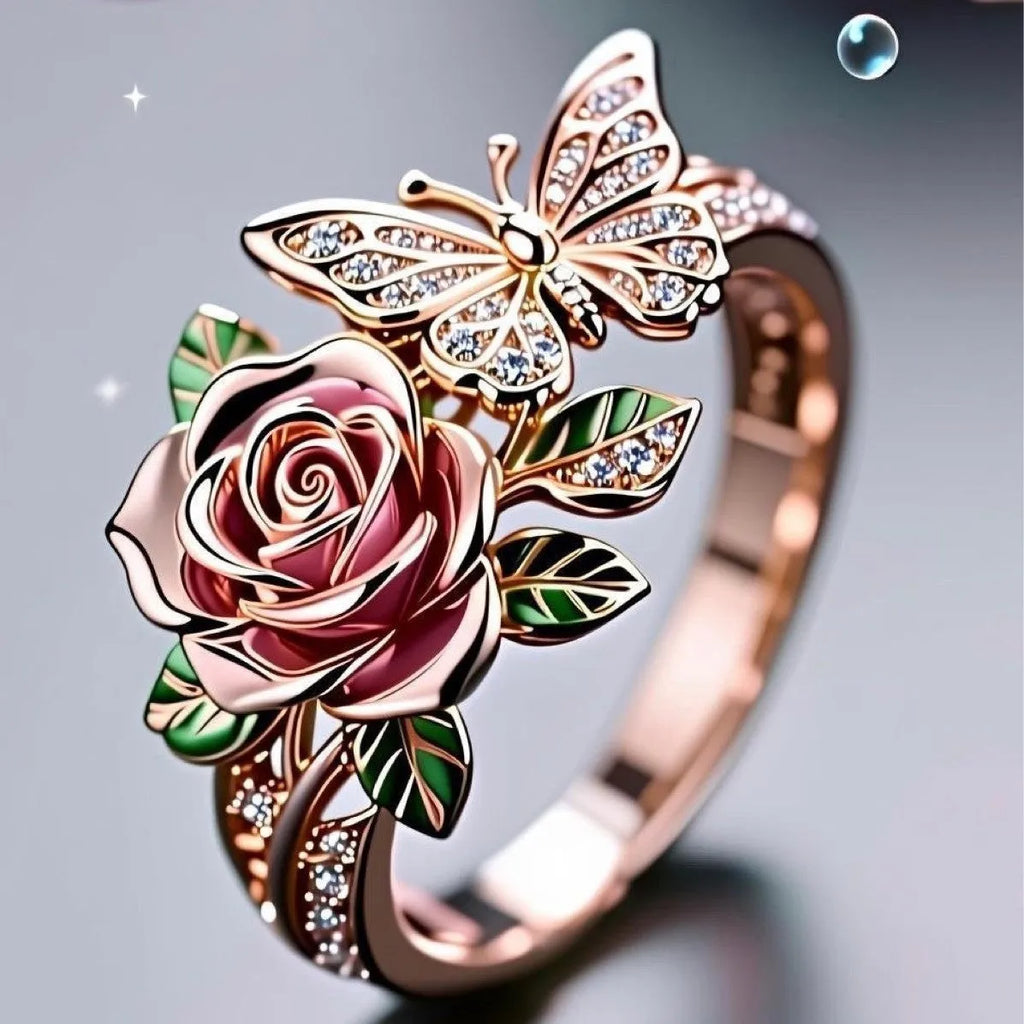 Adjustable butterfly personality ring with colourful oil drip finish showing floral and insect details