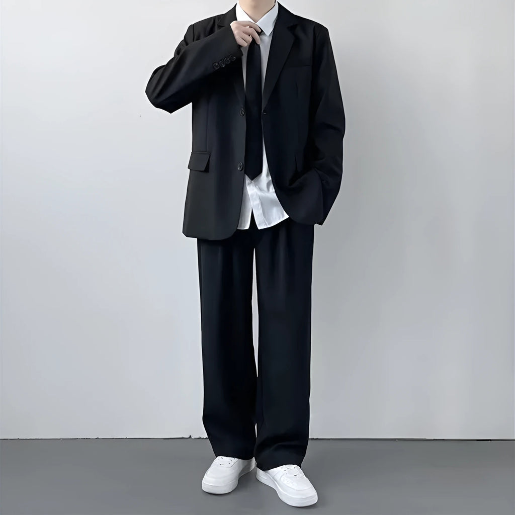 Men's plus size college style suit jacket set with matching trousers, white shirt and tie