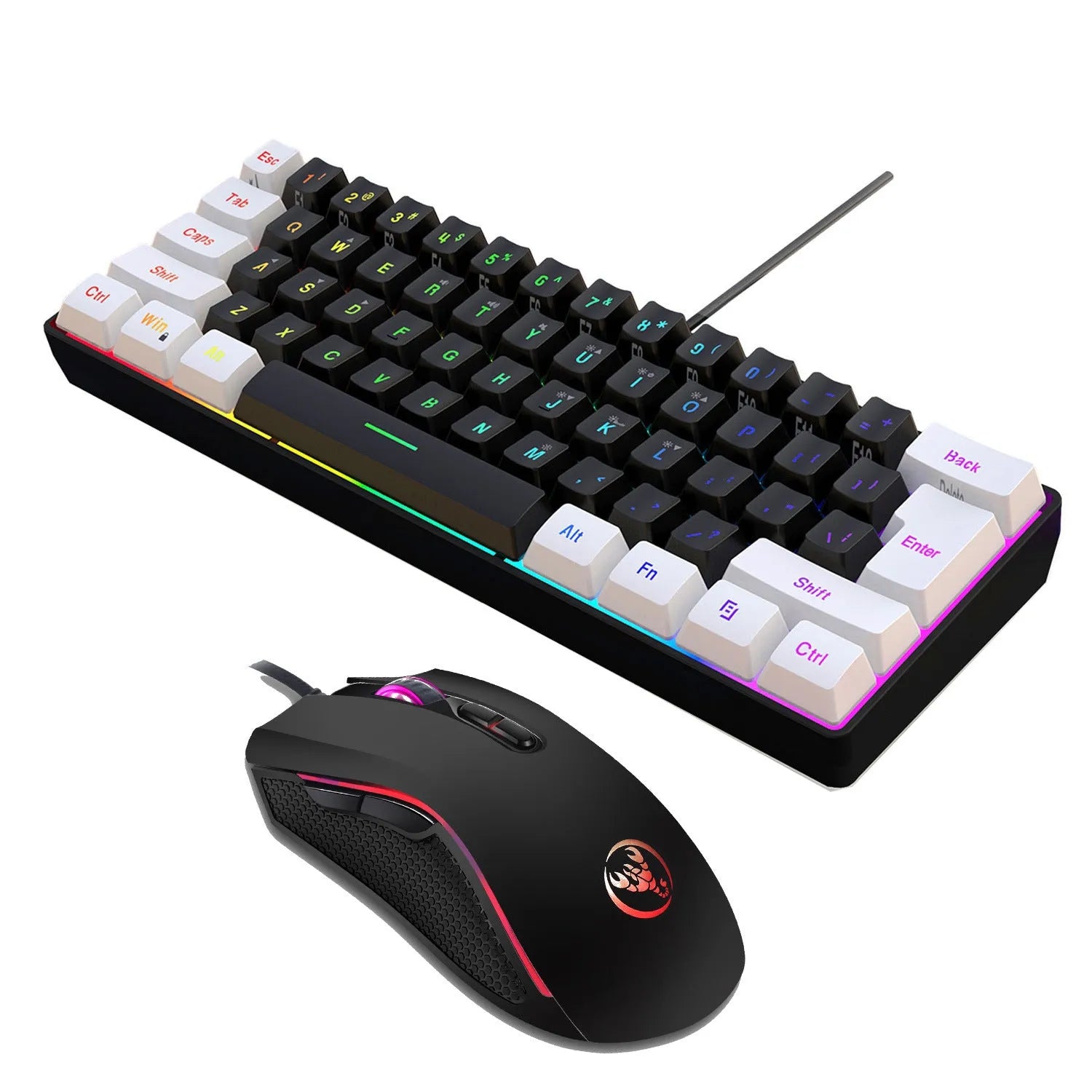 Wireless black and white keyboard and mouse suit with backlight illumination on desk