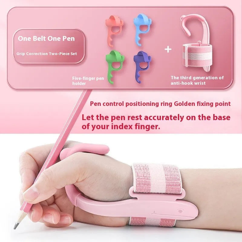 Anti-hook wrist brace pen control corrector for children's handwriting training in blue colour