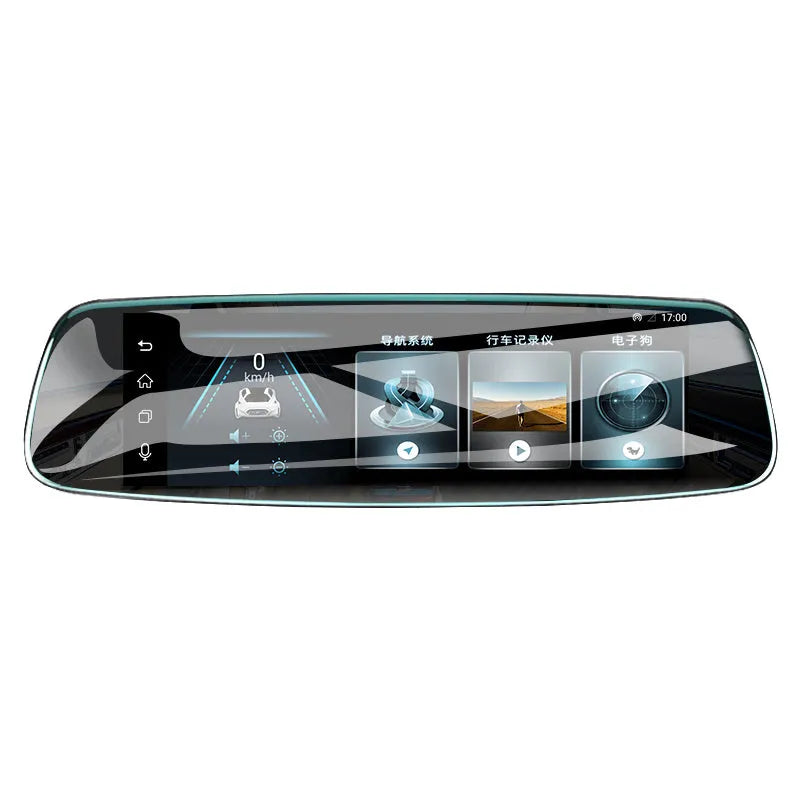 R9 8 inch black driving recorder with dual lens on windscreen showing 1080p display