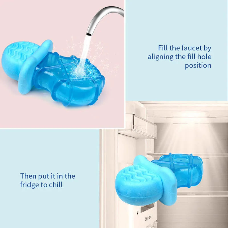Three silicone dog cooling toys: pacifier, popsicle and ring shapes for summer heat relief