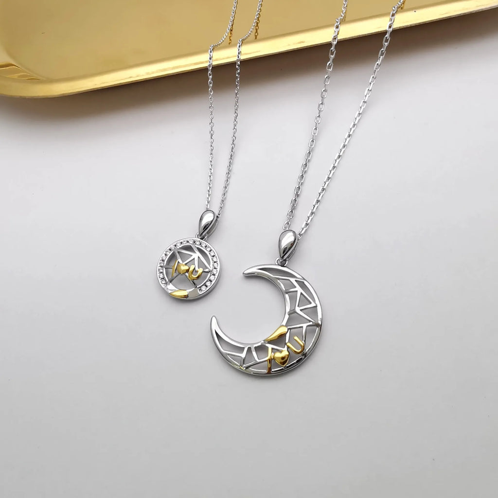Sun and moon couple necklace with electroplated copper pendants on cross chain