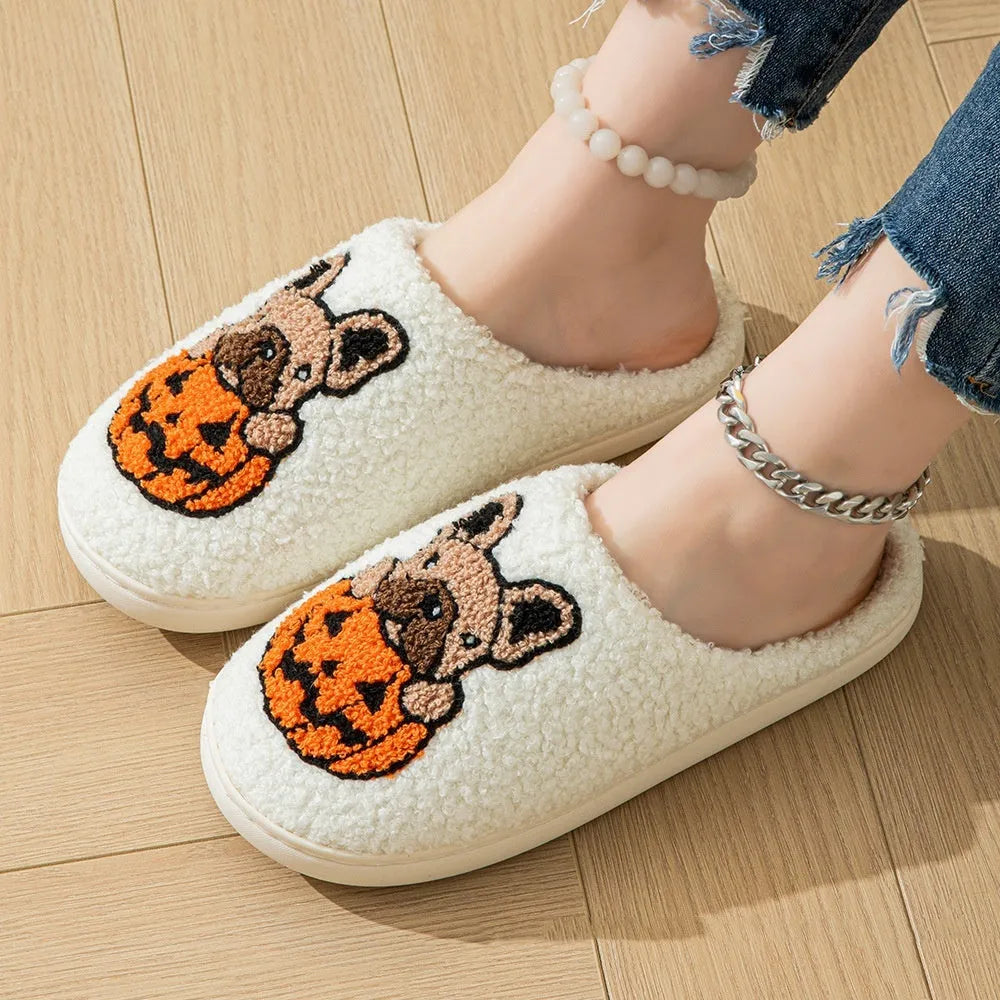 Halloween pumpkin house slippers in plush velvet with TPR memory foam soles