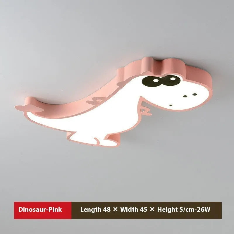 Cartoon dinosaur design ceiling light with a white PVC shade and aluminium body.