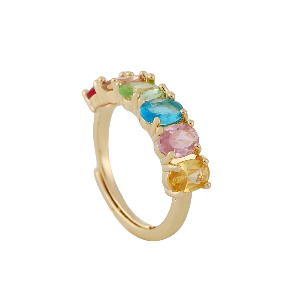 Gold coloured adjustable ring with zircon detail on a white background.