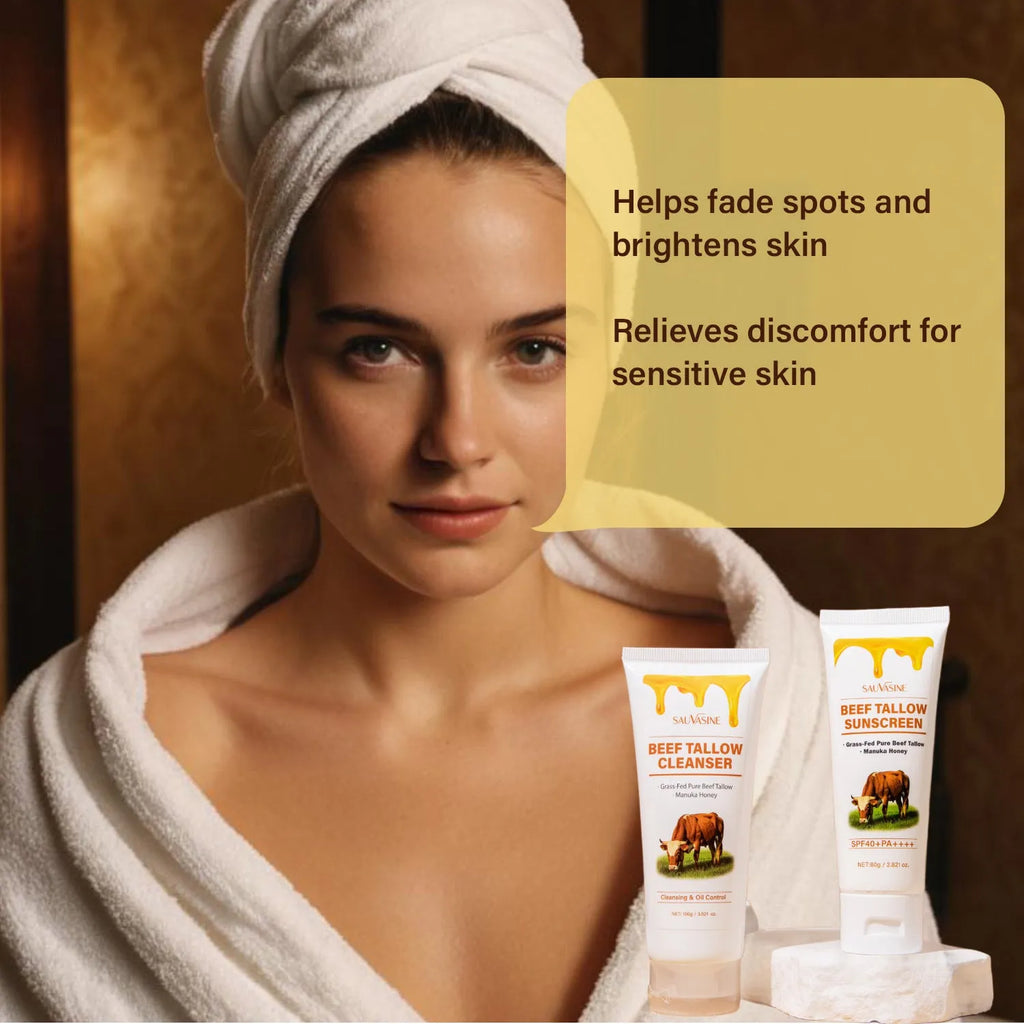 Seven-piece facial care set showing cleanser, cream, lotion, scrub, lip balm, protective cream and beef tallow balm