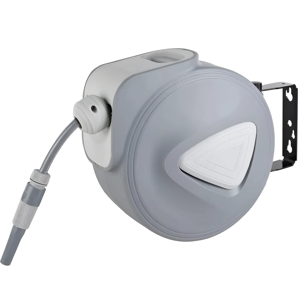 Automatic retractable hose reel with 10 metre PVC water pipe on a compact drum unit.