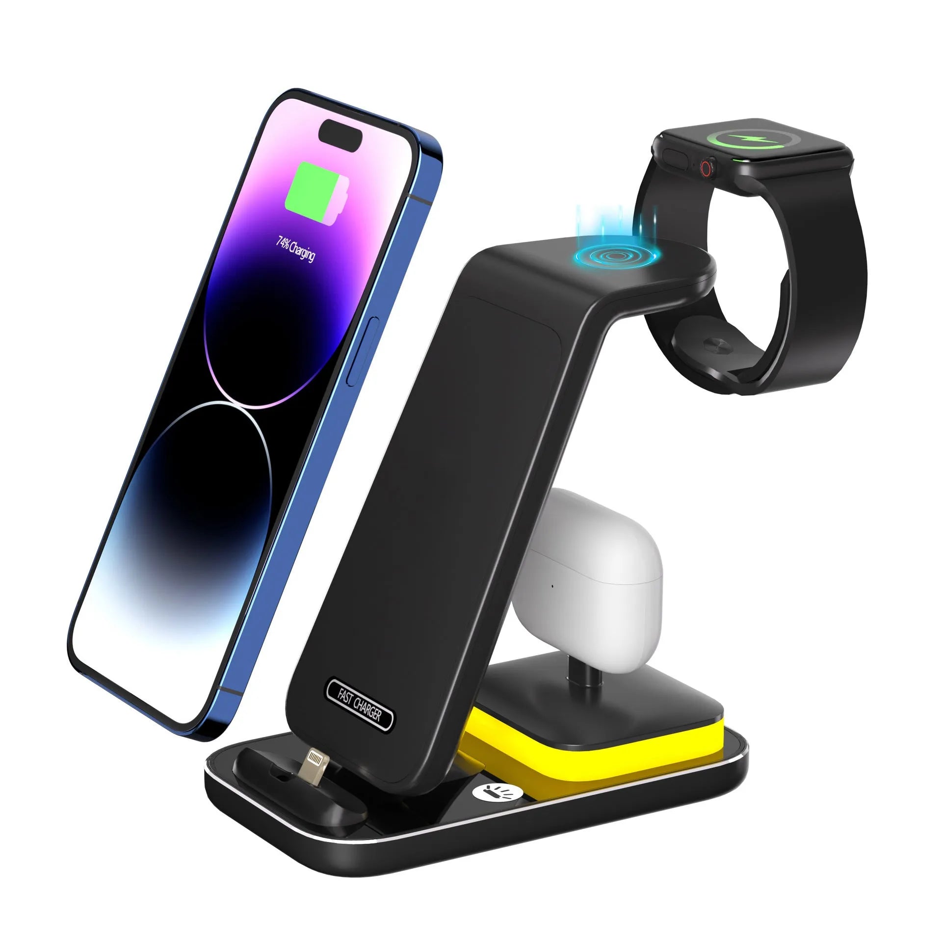 Black vertical wireless charging stand with phone, smartwatch and earbuds charging simultaneously