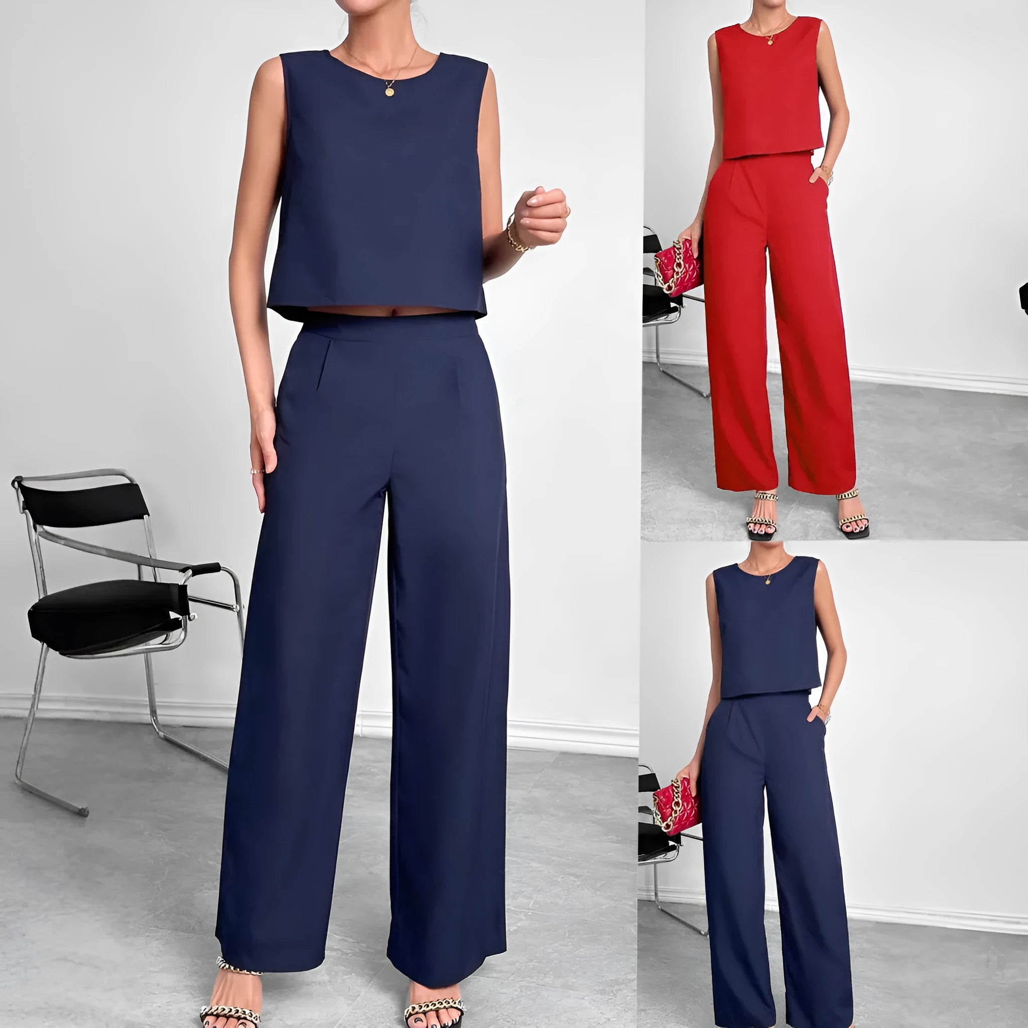 Red sleeveless top and wide leg trousers two-piece set on hanger