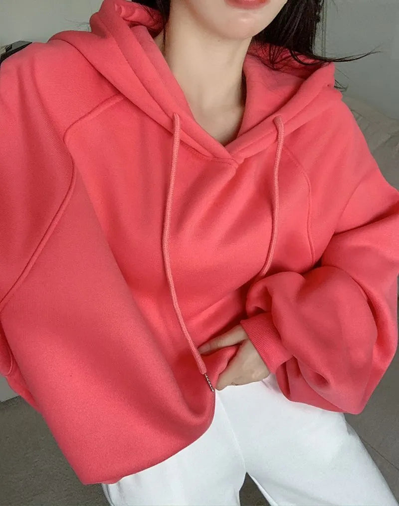 Women's loose mulberry silk hooded sweater in watermelon red colour without sleeves