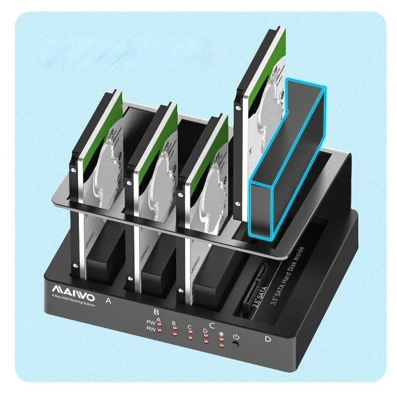 Four-bay external hard drive docking station with USB cable and power adapter