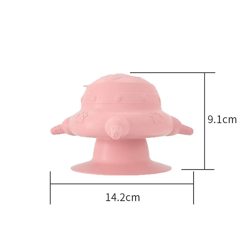 Pink silicone pet nursing device with milk bowl and four pacifiers for puppies and cats