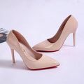 Women's black PU stiletto heel pump shoes with pointed toe and shallow mouth cutout design on white background