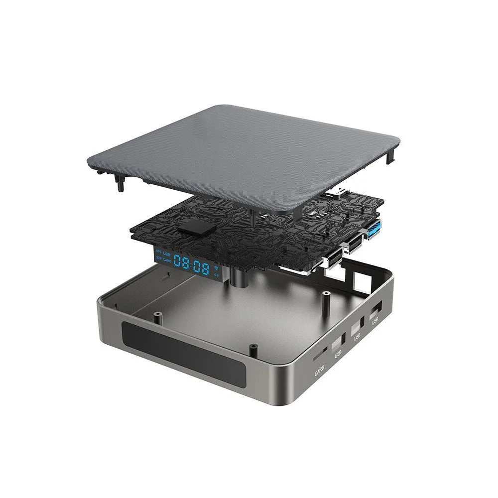 Black Android 8K set-top box with remote control, HDMI cable, and UK plug on a wooden surface.