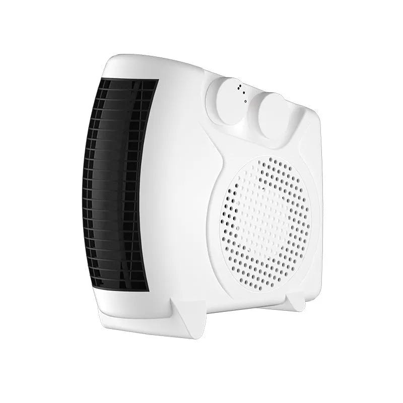Small white electric space heater with a rectangular design, suitable for desktop or floor use.