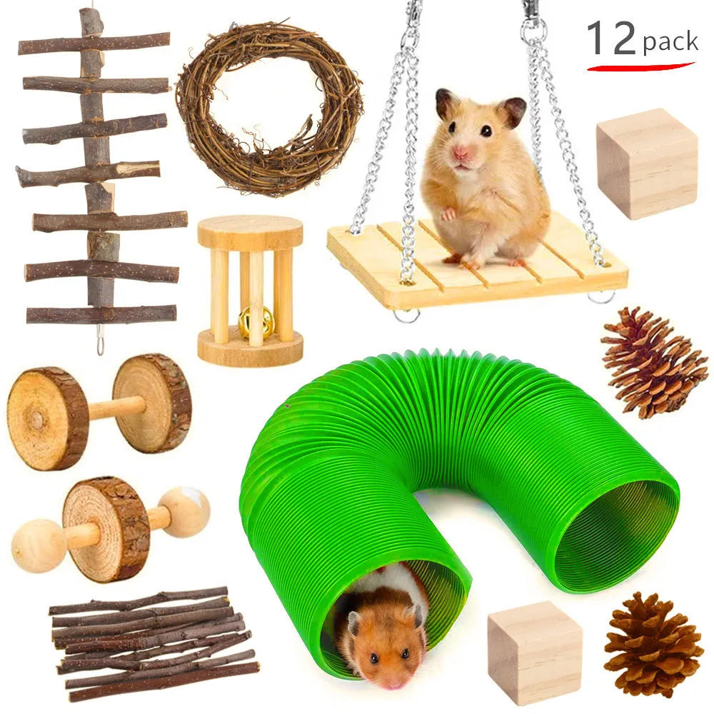 Wooden pet toy set with various components for rabbits, guinea pigs, and parrots