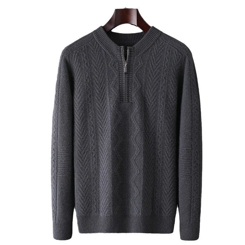 Men's grey diamond pattern half-zip wool sweater laid flat showing lattice design