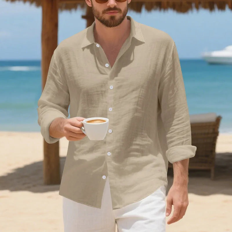Man wearing a loose fit linen casual shirt in army green colour, showing button-up front and non-ironed texture.