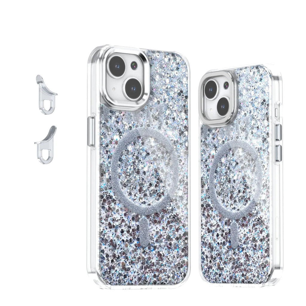 Transparent TPU phone case with sequins, glitter, and epoxy finish for iPhone, magnetic attraction, spray finish, multiple colour options