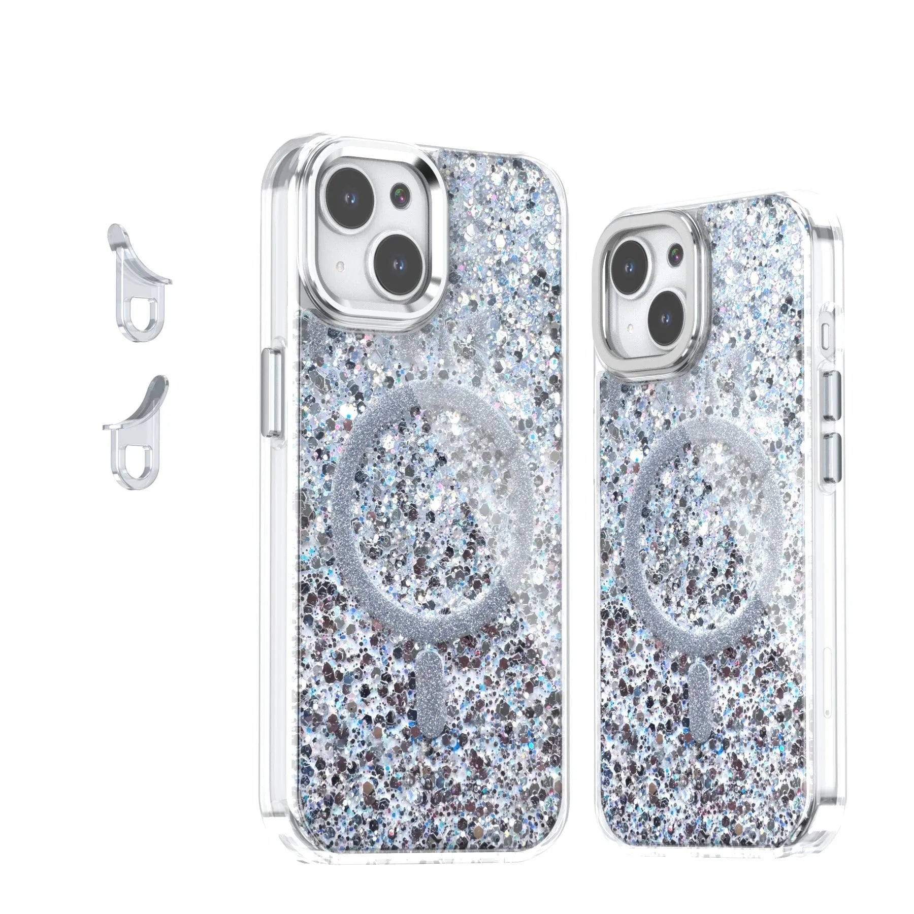 Transparent TPU phone case with sequins, glitter, and epoxy finish for iPhone, magnetic attraction, spray finish, multiple colour options