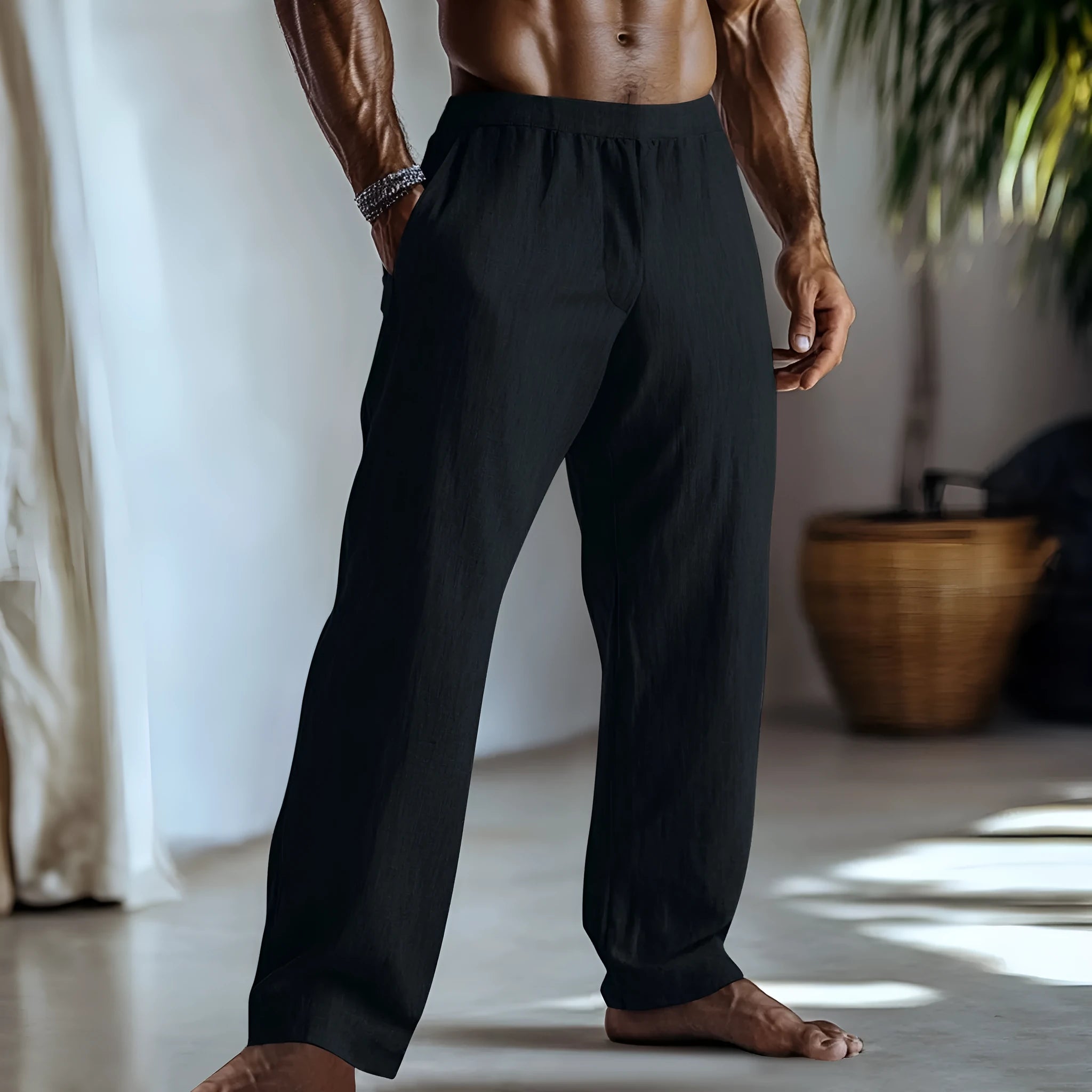 Cotton linen straight-leg trousers in British style with pockets