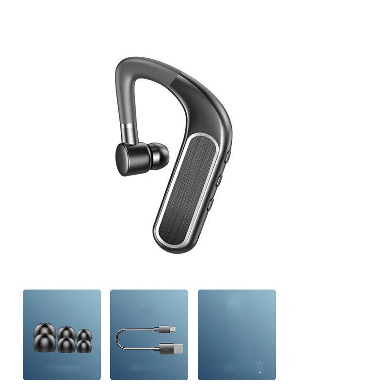 Black Bluetooth earphones with hanging ear design, shown with a charging case and spare ear caps.