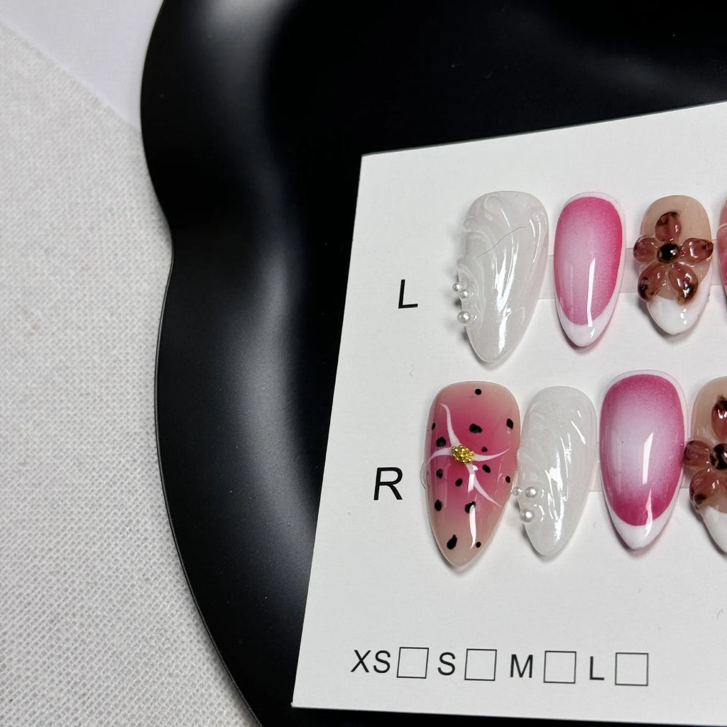Hand-painted three-dimensional carved nail beauty patches in assorted colours and patterns.