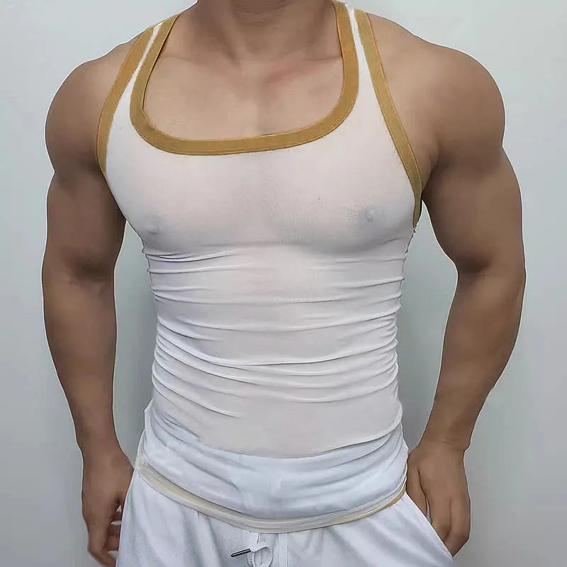 Men's solid colour sleeveless mesh fitness vest in a tight amekaji style.