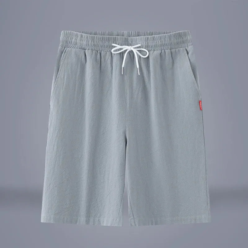 Cotton-linen cropped pants in solid colour with drawstring waist and mid-calf length