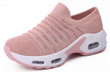 Plus size fly-knit mesh sock shoes in dark blue, showing stretch knit upper and round toe.